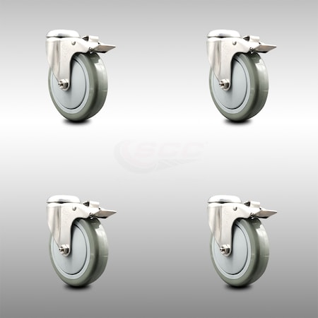 Service Caster 5 Inch 316SS Gray Polyurethane Swivel Bolt Hole Caster Set with Lock Brake SCC SCC-SS316BHTTL20S514-PPUB-4